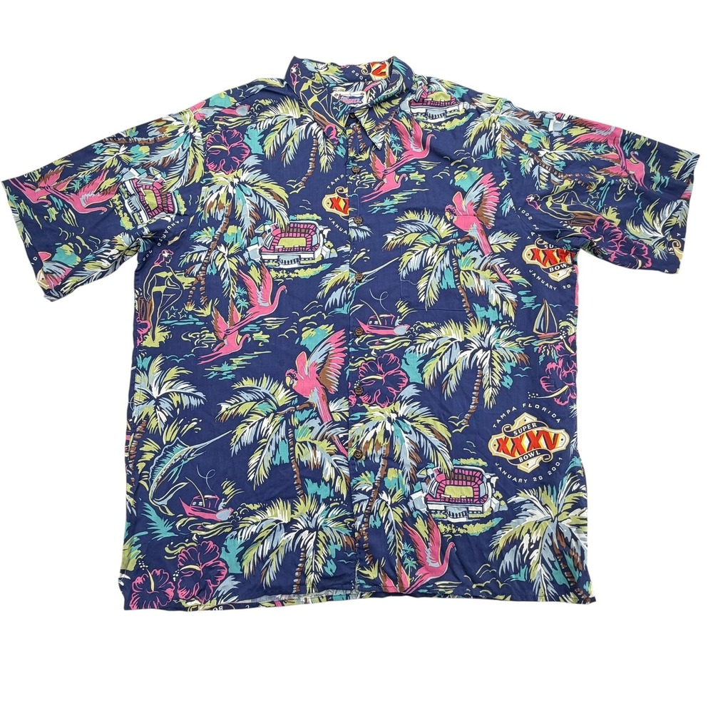 Reyn Spooner Shirt Mens XL Blue Short Sleeve Super Bowl XXXV NFL Hawaiian 2001